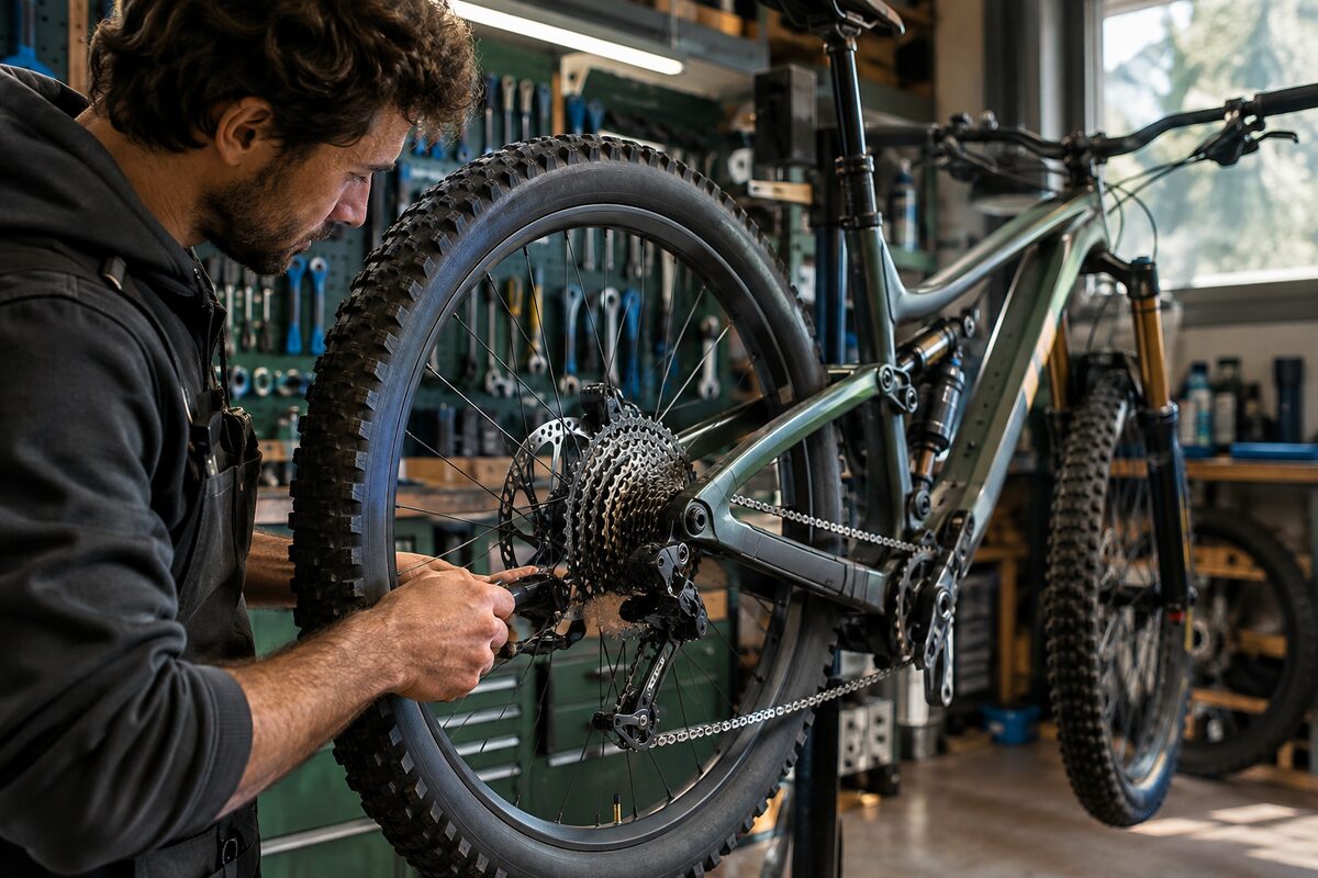 Il meccanico al lavoro sulla biciclette in officina