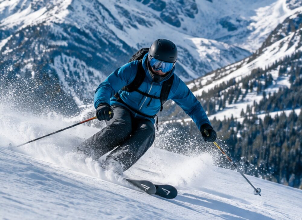 Sciatore in discesa con scarico di neve